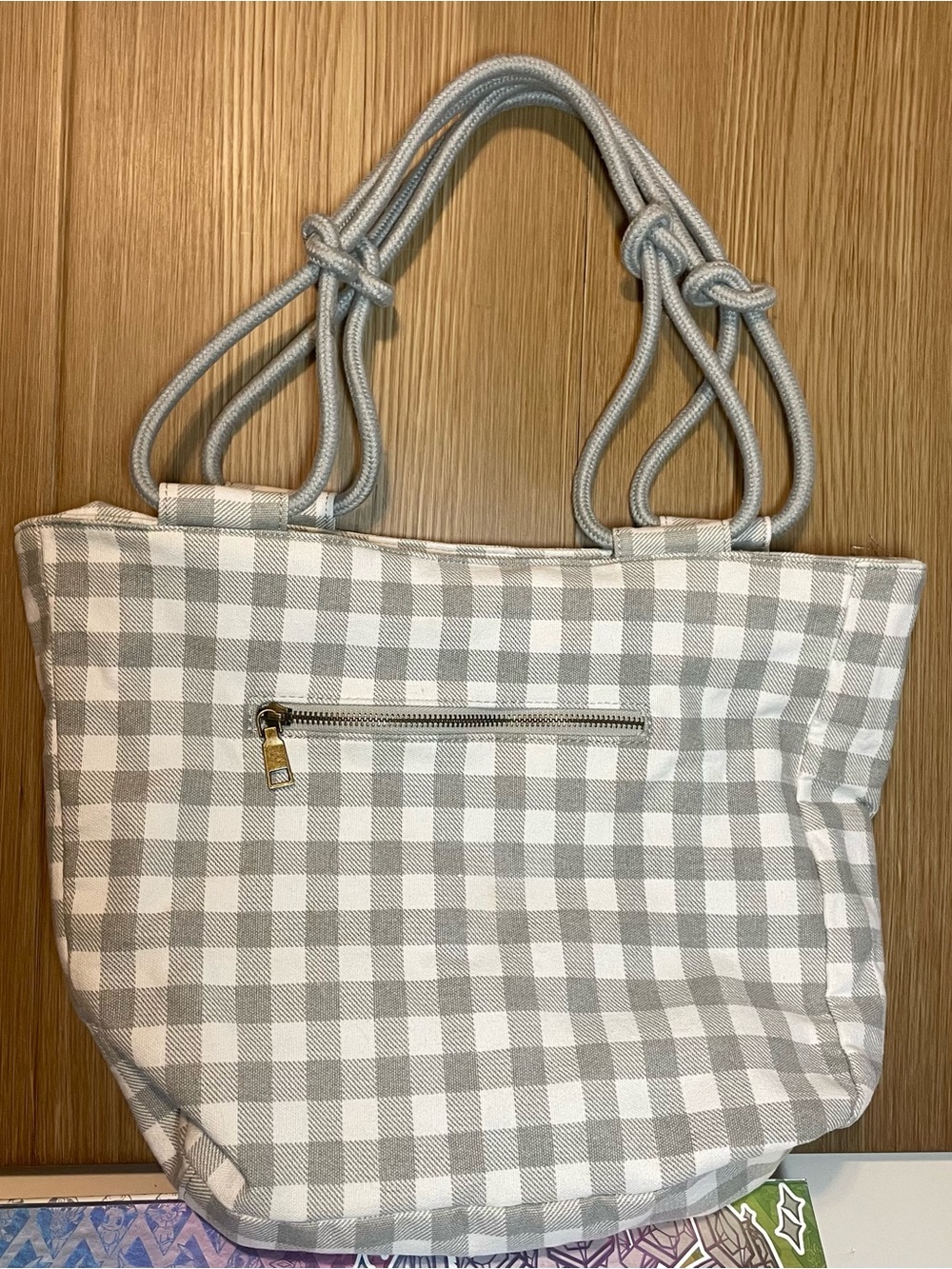 Farmhouse Is My Style Grey Gingham Canvas Tote Bag Rope Handles Zip Top